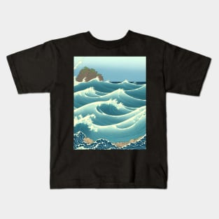 Ukiyo-e Japanese Art - Waves Crashing Against a Rocky Shoreline Kids T-Shirt